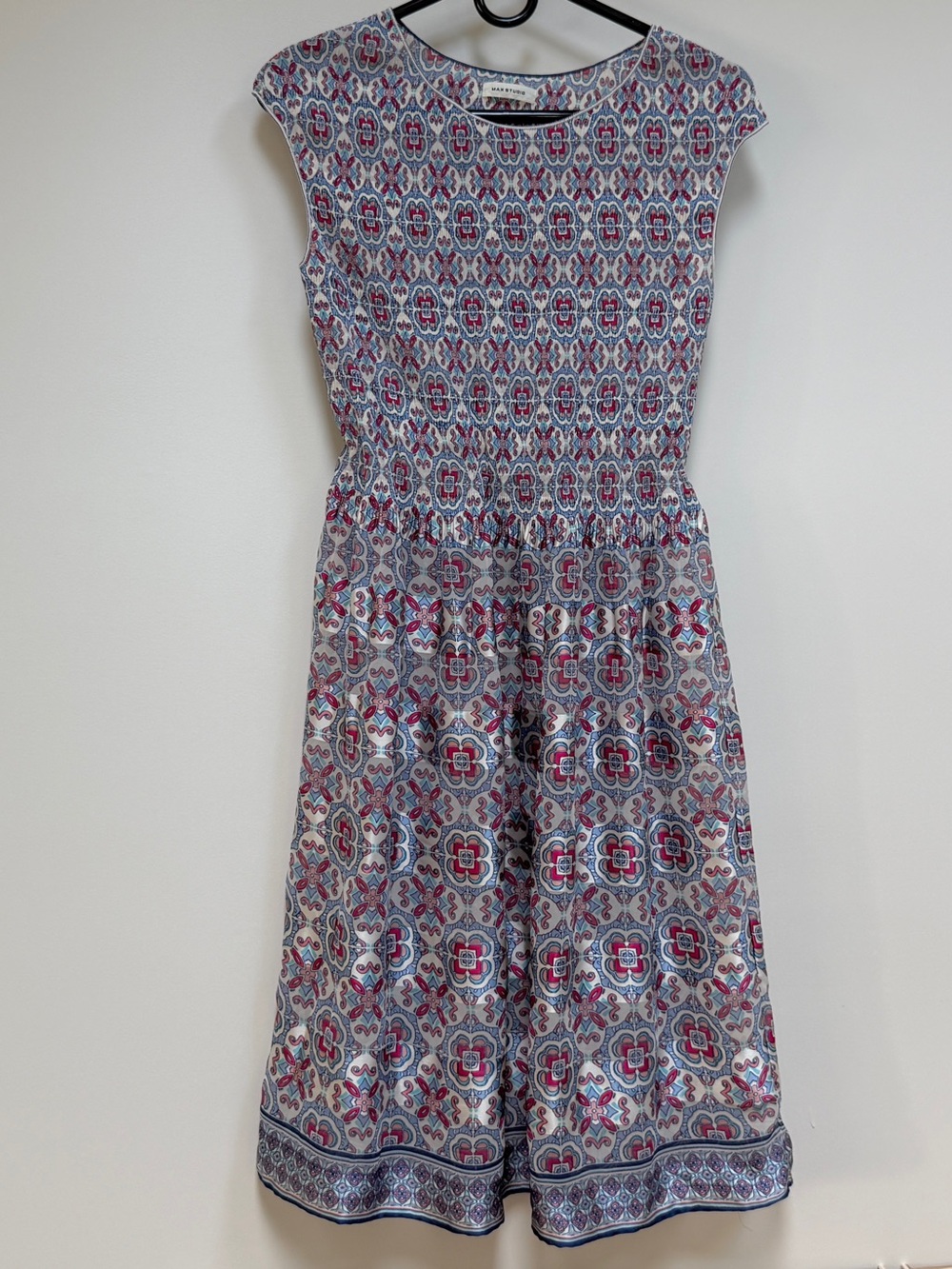Sleeveless Printed Midi Dress in Navy and Pink